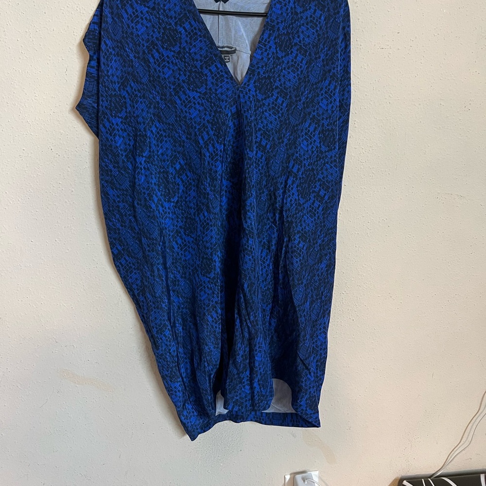 Vince Double V-Neck Printed Silk Dress Cobalt-Coastal